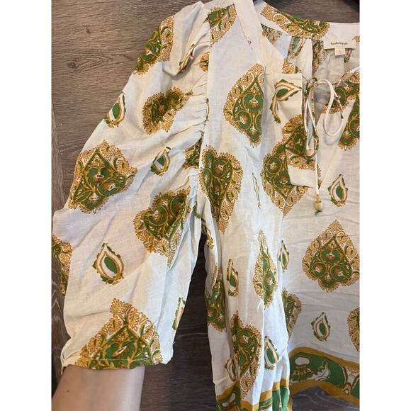 Haute Hippie Women Boho Linen Blouse top Sz L Paisley print Gold Beige Tie Neck - Picture 3 of 9